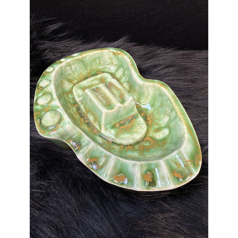 Mid Century Modern Jade Green & Gold Drip Glaze Ceramic Ashtray - Hand Signed